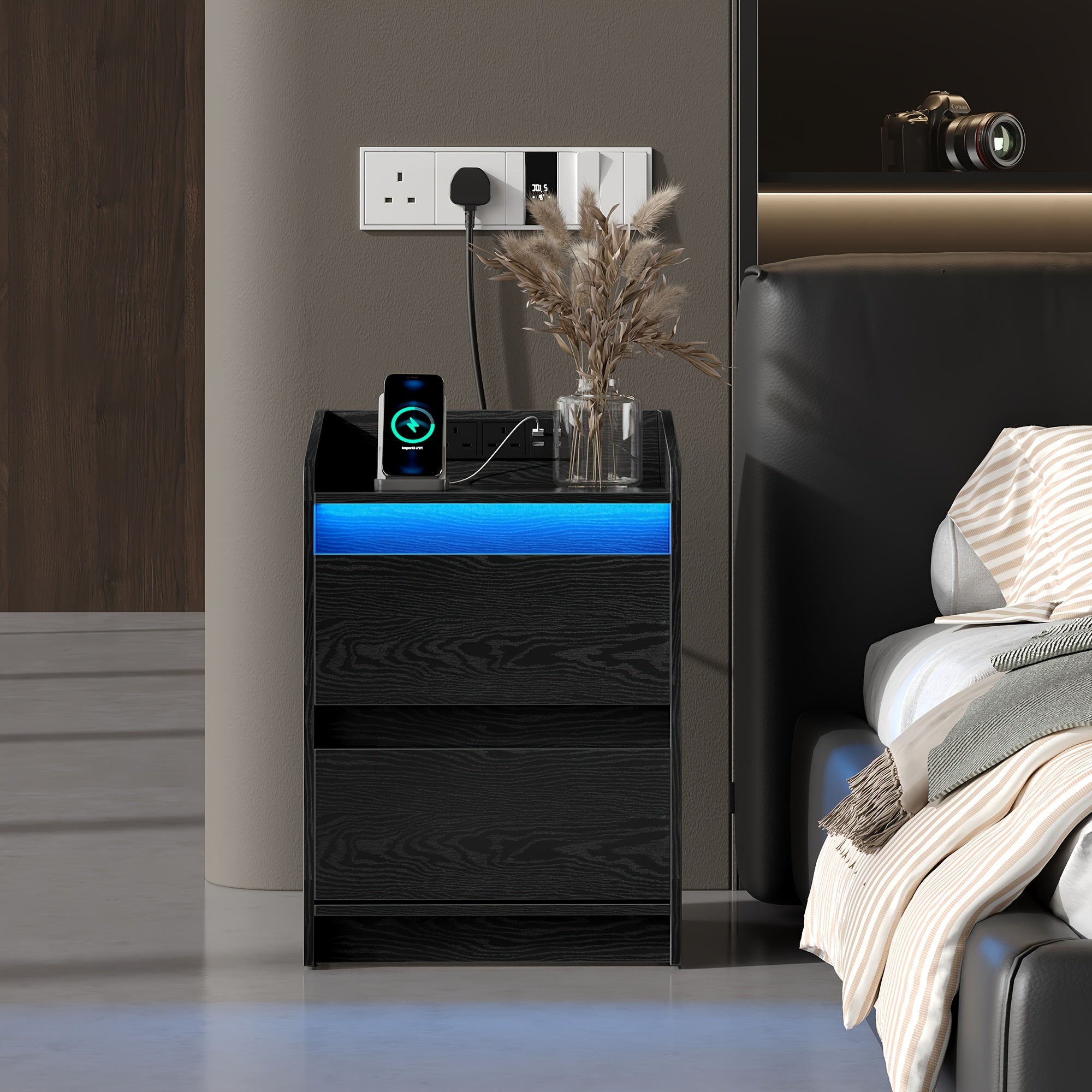 Bedside Table with LED Lights Charging Station Drawer Nightstand - product gallery image 4