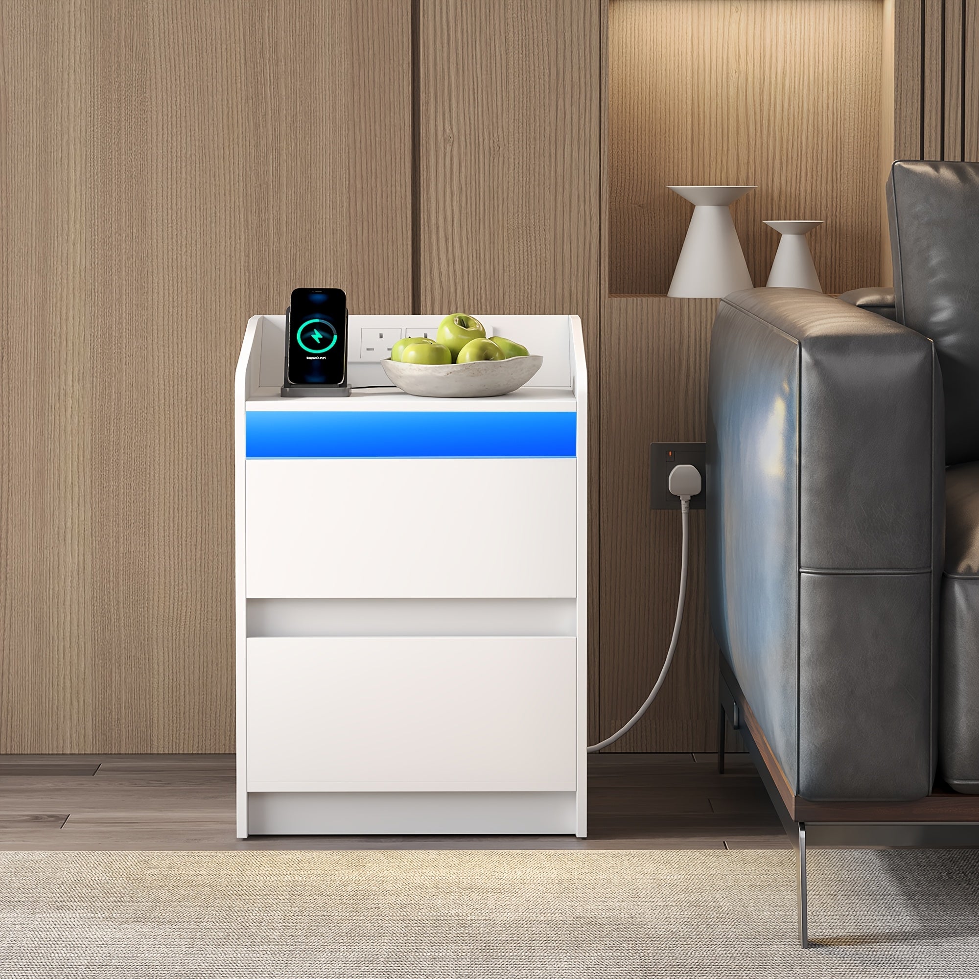 Bedside Table with LED Lights Charging Station Drawer Nightstand