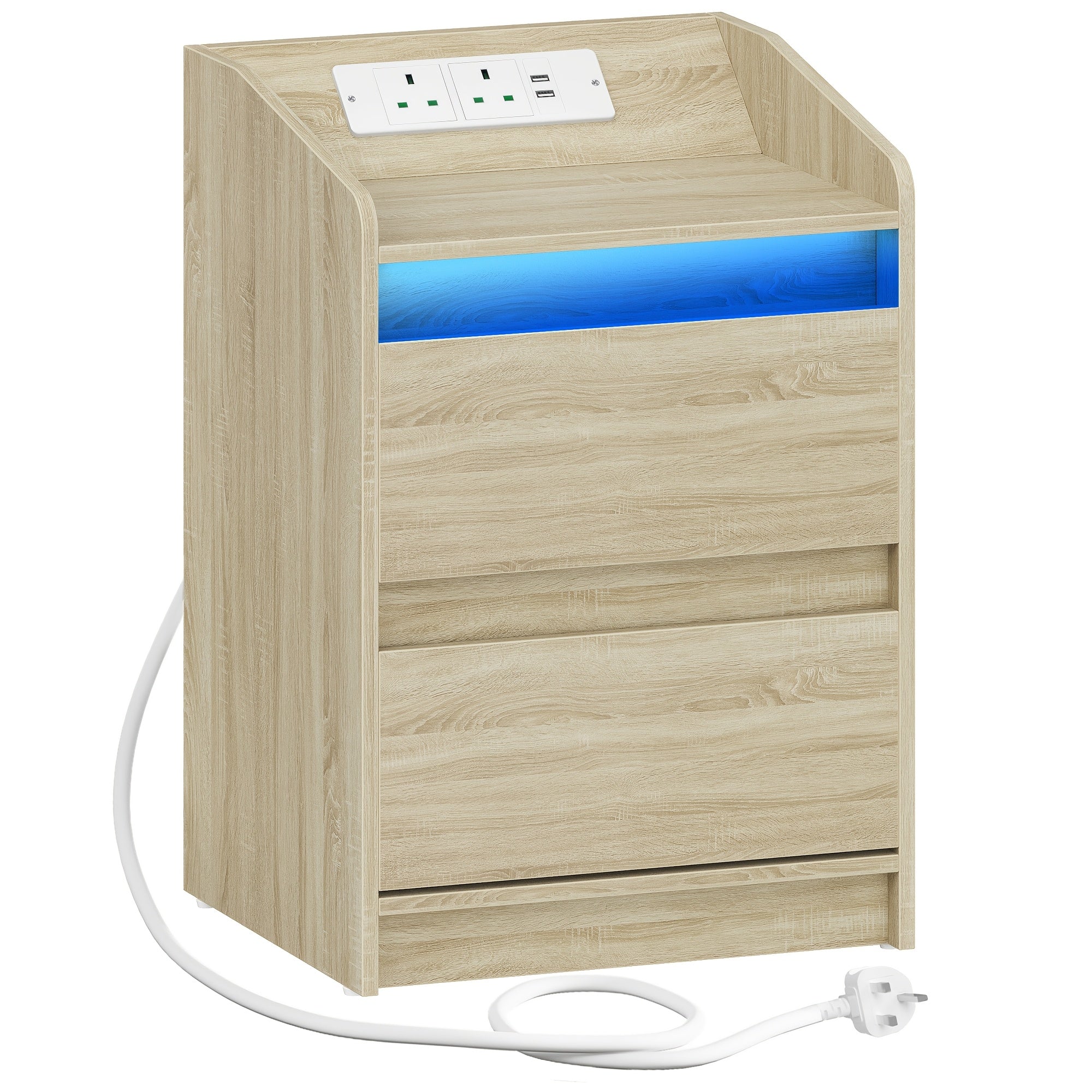 Bedside Table with LED Lights Charging Station Drawer Nightstand - Oak Color option