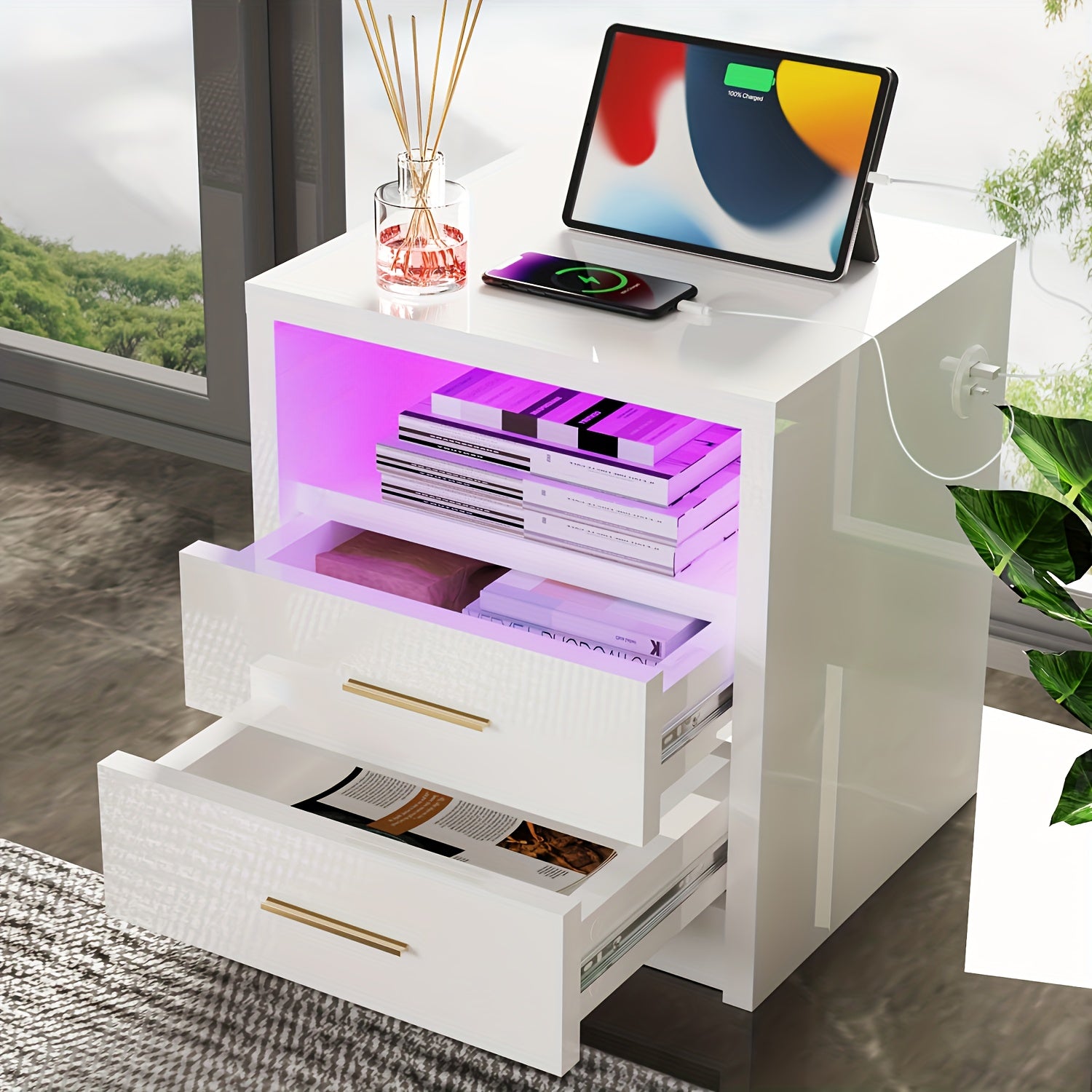 Bedside Table with Metal, RGB LED USB Type-C Charging Port - 2 drawers white option