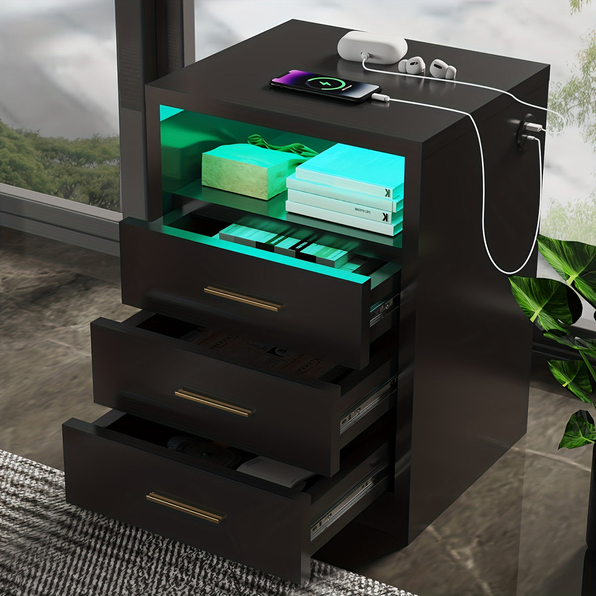 Bedside Table with Metal, RGB LED USB Type-C Charging Port - 3 drawers black option