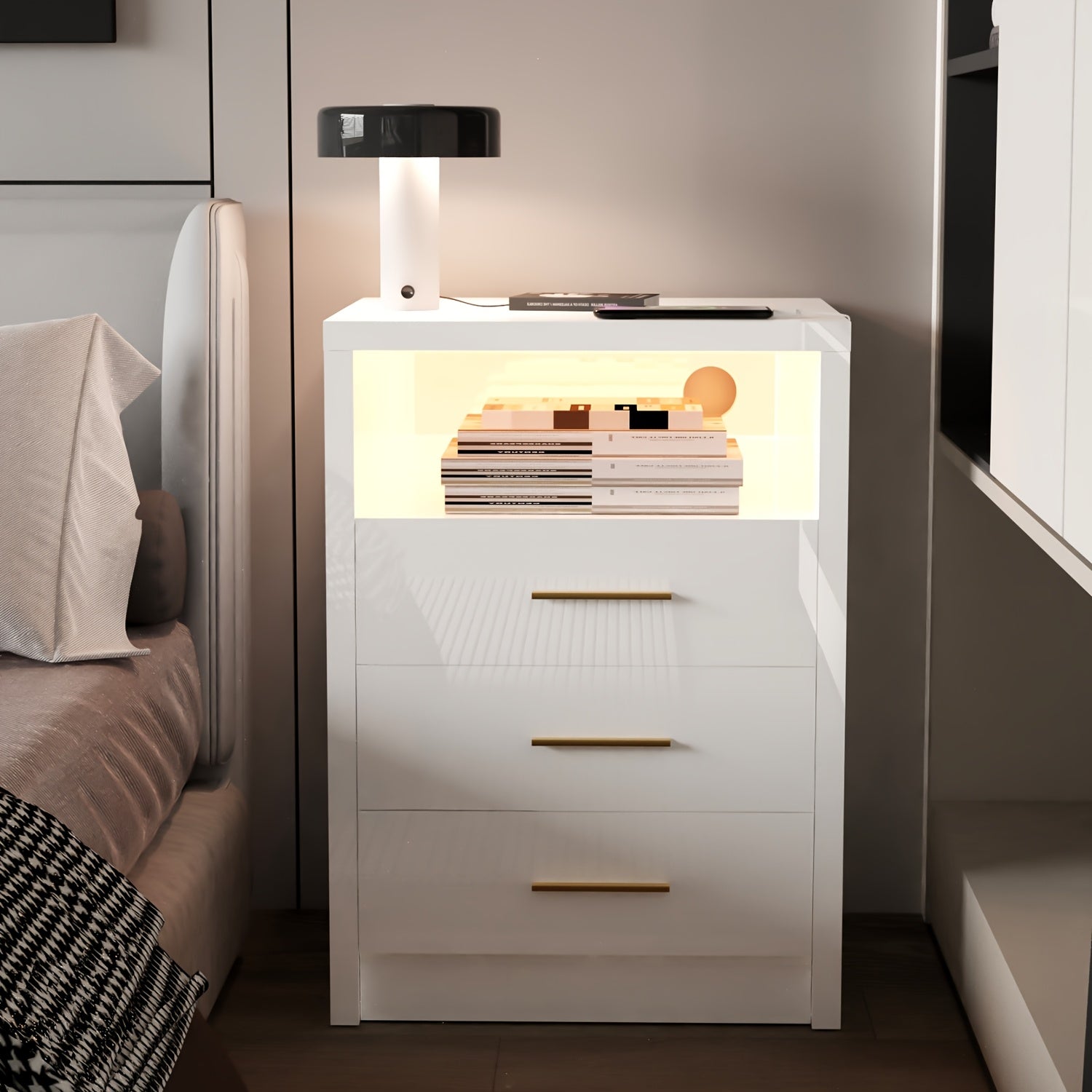 Bedside Table with Metal, RGB LED USB Type-C Charging Port - 3 drawers white option