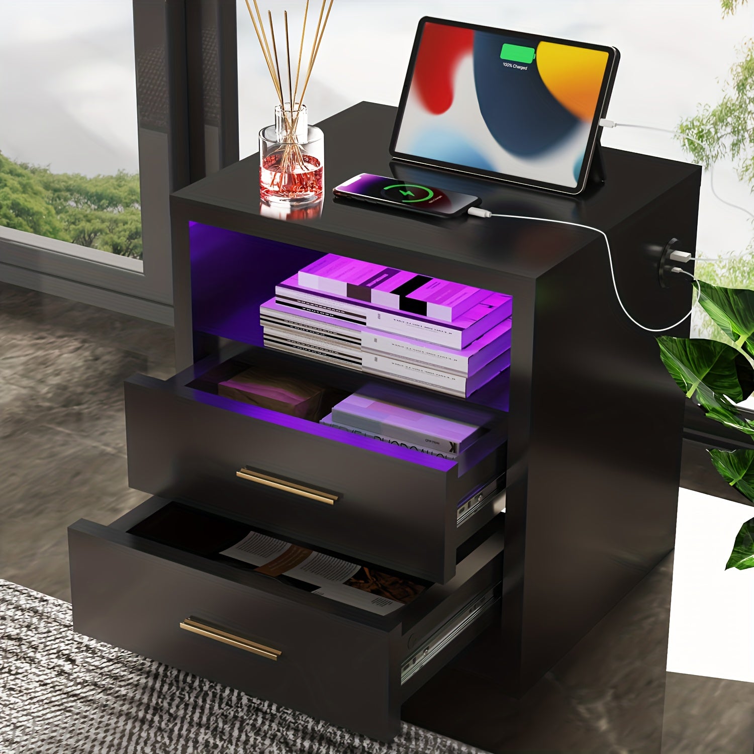 Bedside Table with Metal, RGB LED USB Type-C Charging Port - product gallery image 2