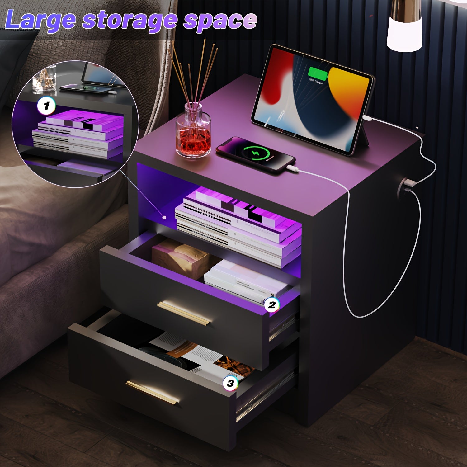 Bedside Table with Metal, RGB LED USB Type-C Charging Port - product gallery image 5