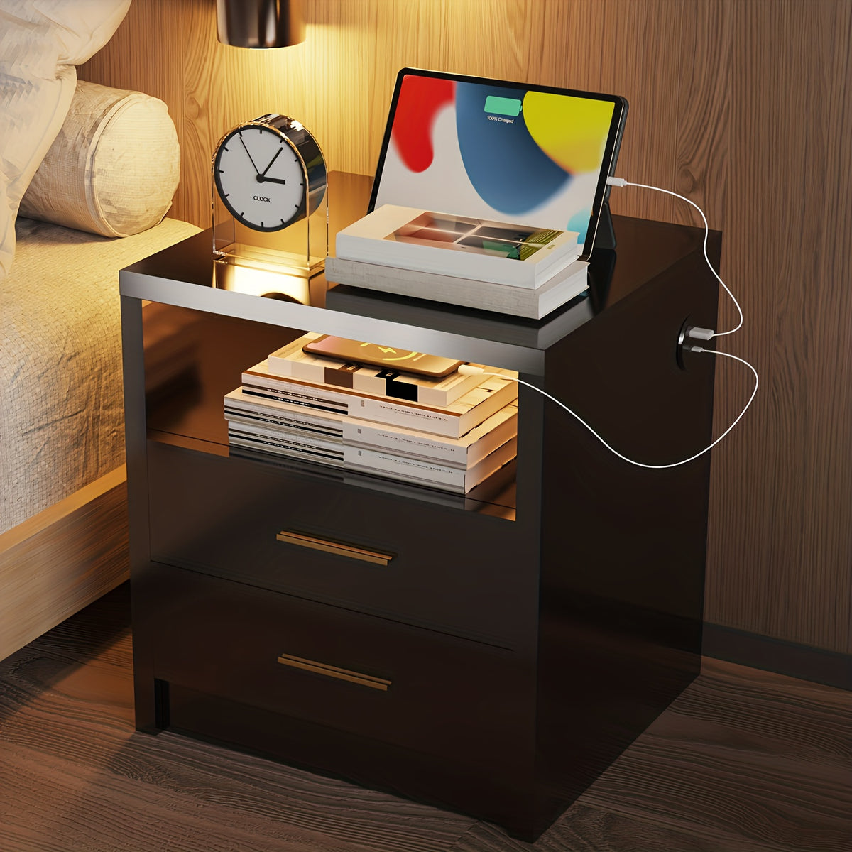 Bedside Table with Metal, RGB LED USB Type-C Charging Port