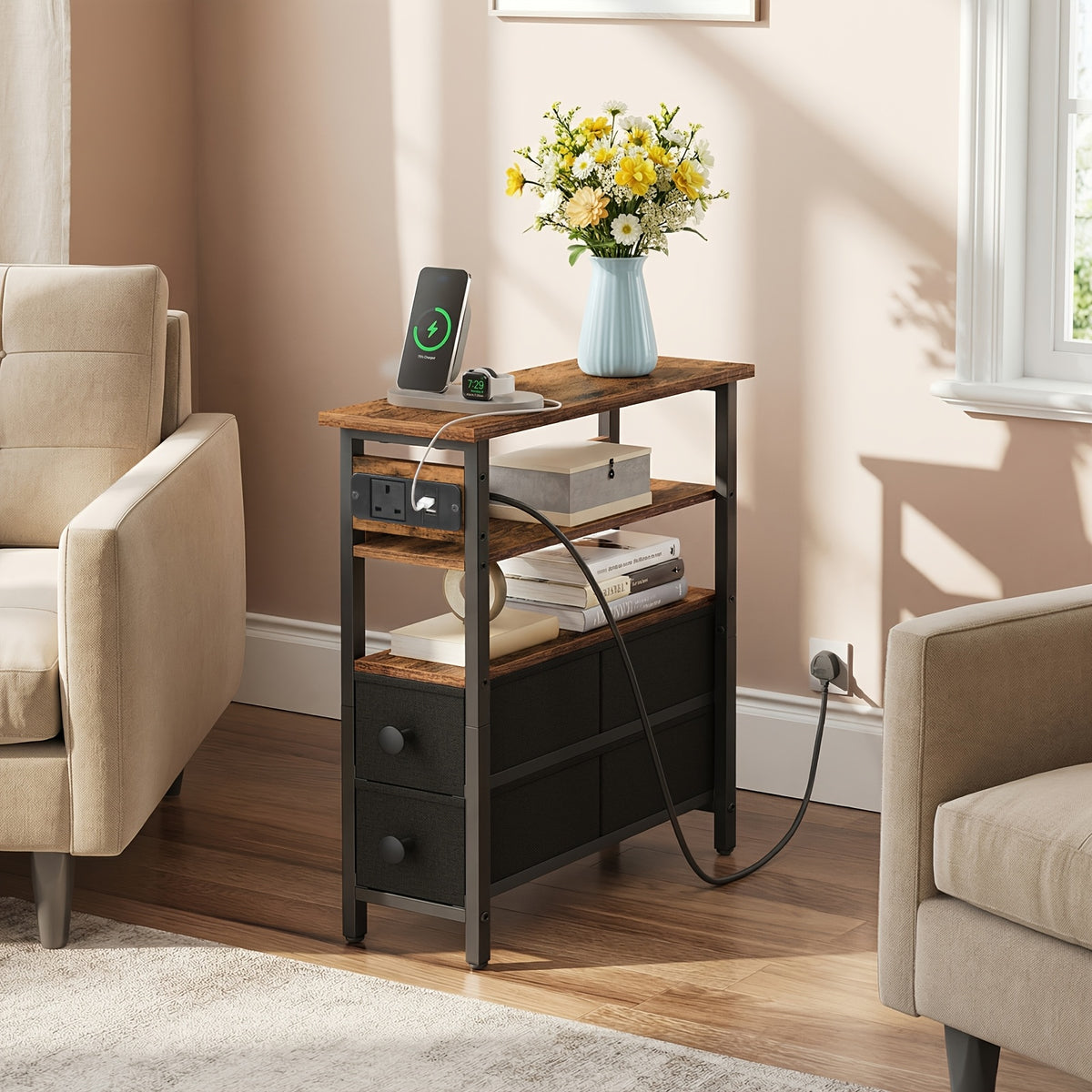 Bedside Table with Nightstand Charging Station Fabric Drawers