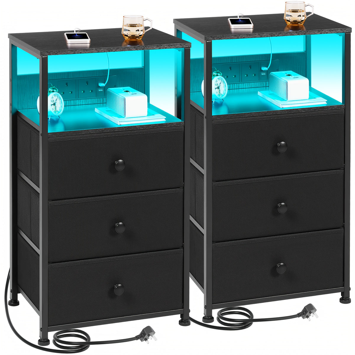 Bedside Table with of Charging Station LED Light Fabric - Black-2pcs option