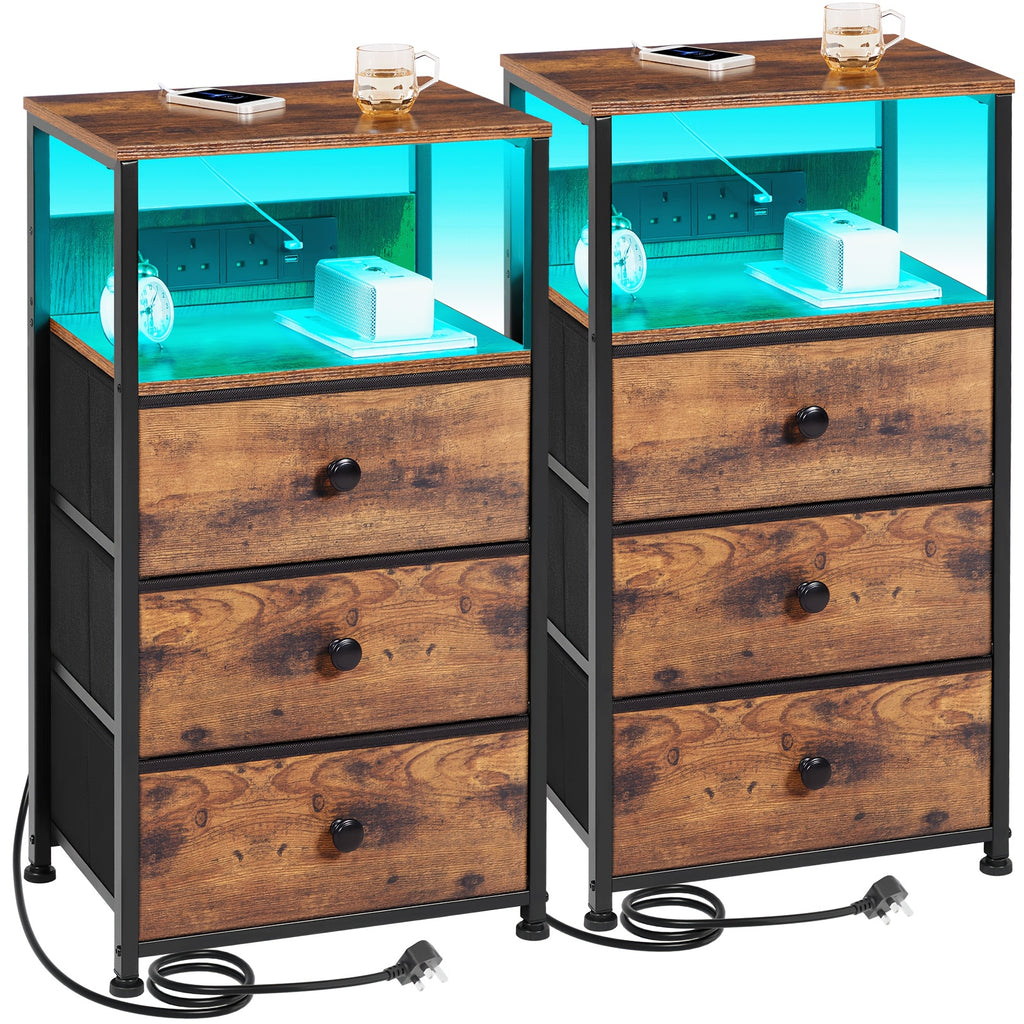 Bedside Table with of Charging Station LED Light Fabric