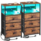 Bedside Table with of Charging Station LED Light Fabric