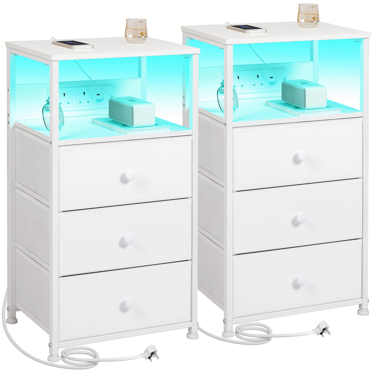 Bedside Table with of Charging Station LED Light Fabric - White-2pcs option