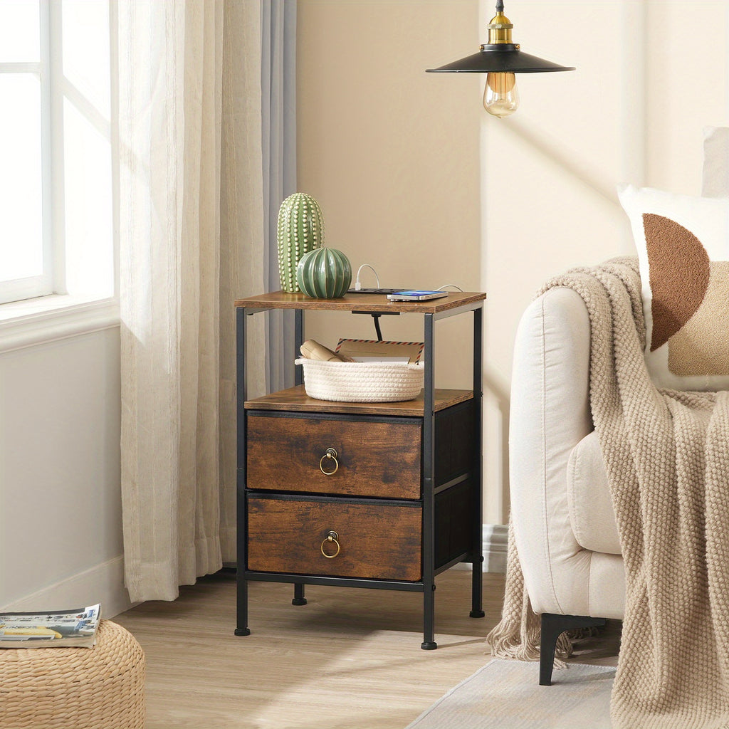Bedside Table with Space-Saving, Charging Station Side Outlets USB Ports