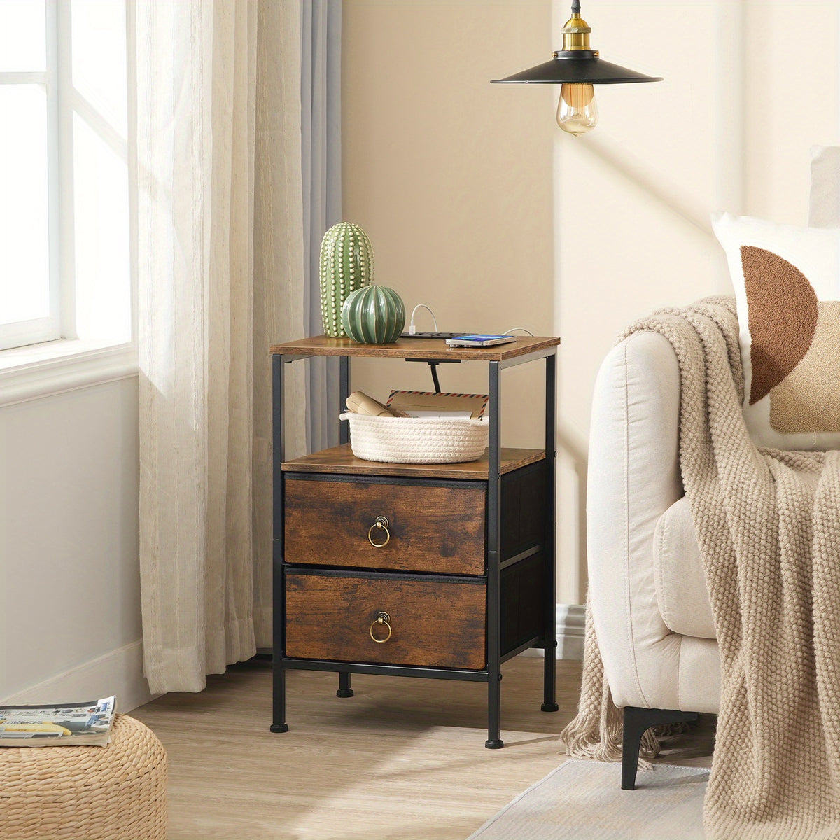 Bedside Table with Space-Saving, Charging Station Side Outlets USB Ports