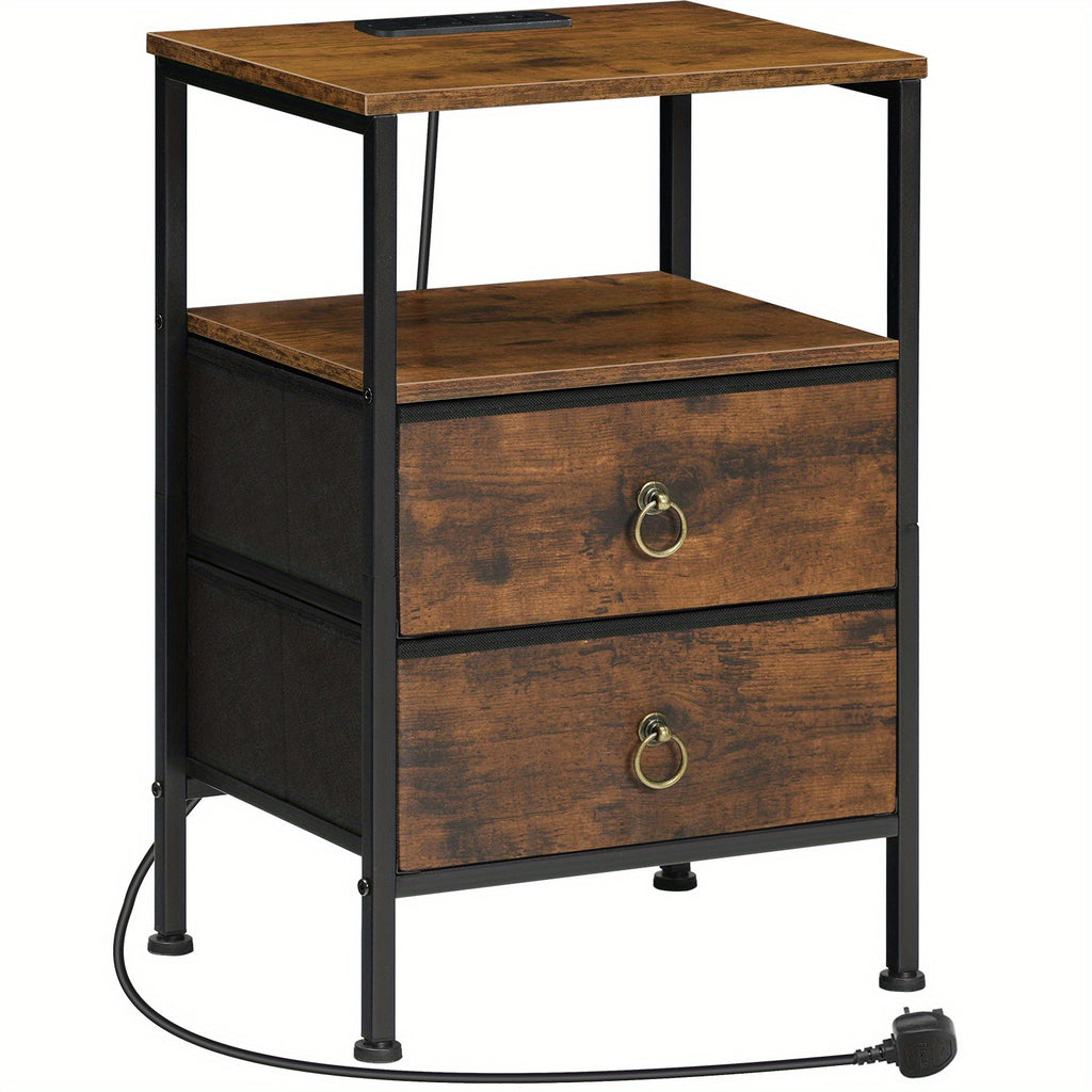 Bedside Table with Space-Saving, Charging Station Side Outlets USB Ports - Rustic Brown option