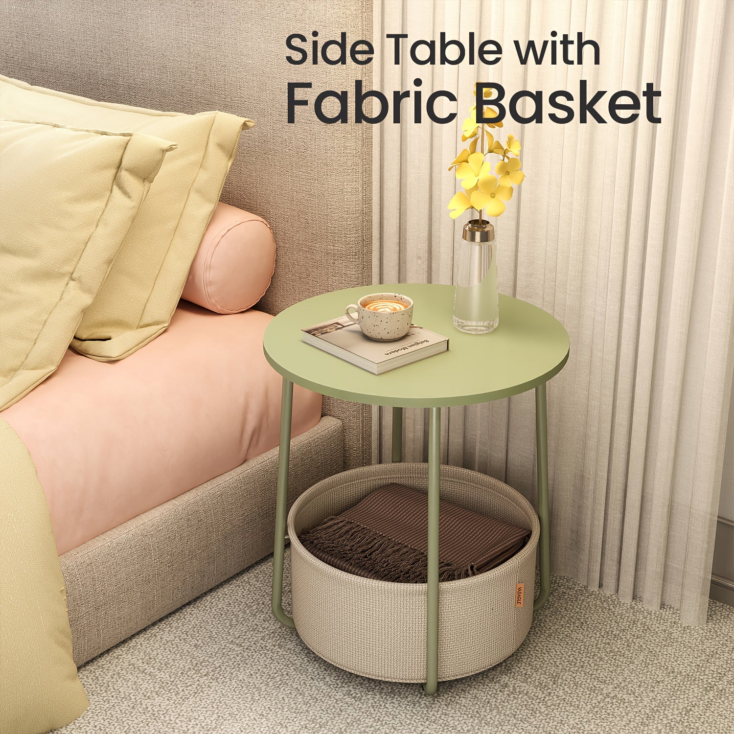 Bedside Table with Space-Saving, Easy Assembly, Metal, Glass - Laurel Green option