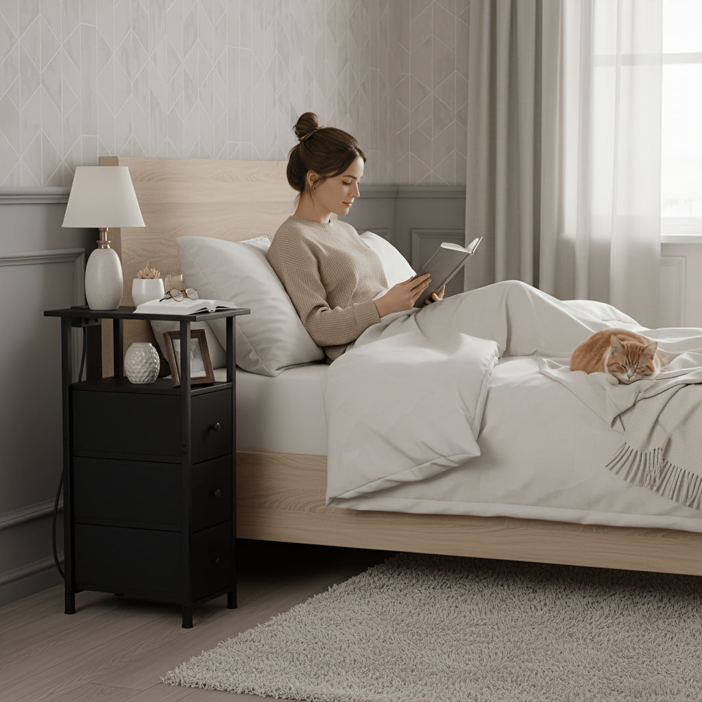 Bedside Table with Space-Saving, Metal, 1pc, 2pc for bedrooms - Black-2pcs option
