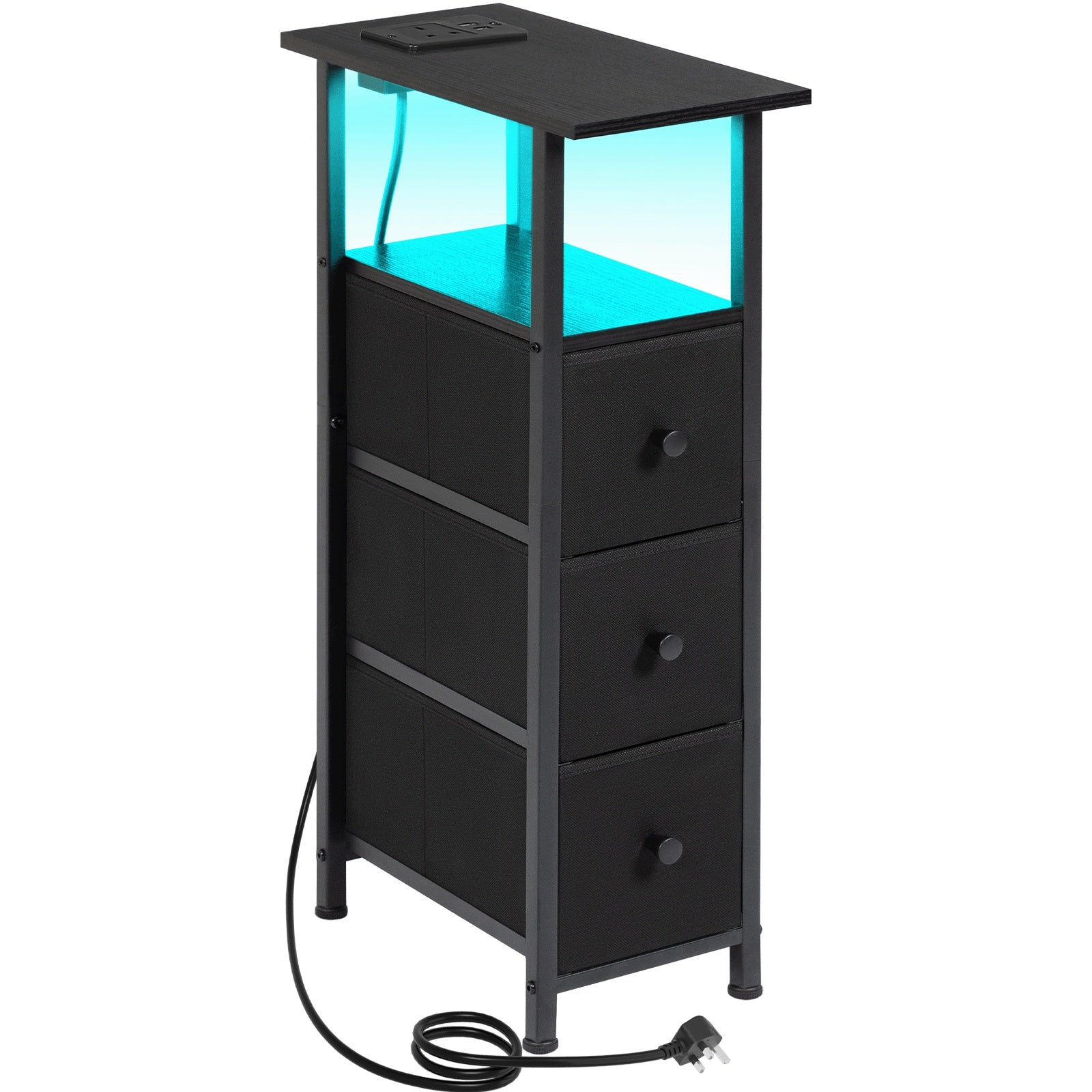 Bedside Table with Space-Saving, Metal, 2 Pack, Narrow Side Fabric Drawers, LED Light - Black-1pc option