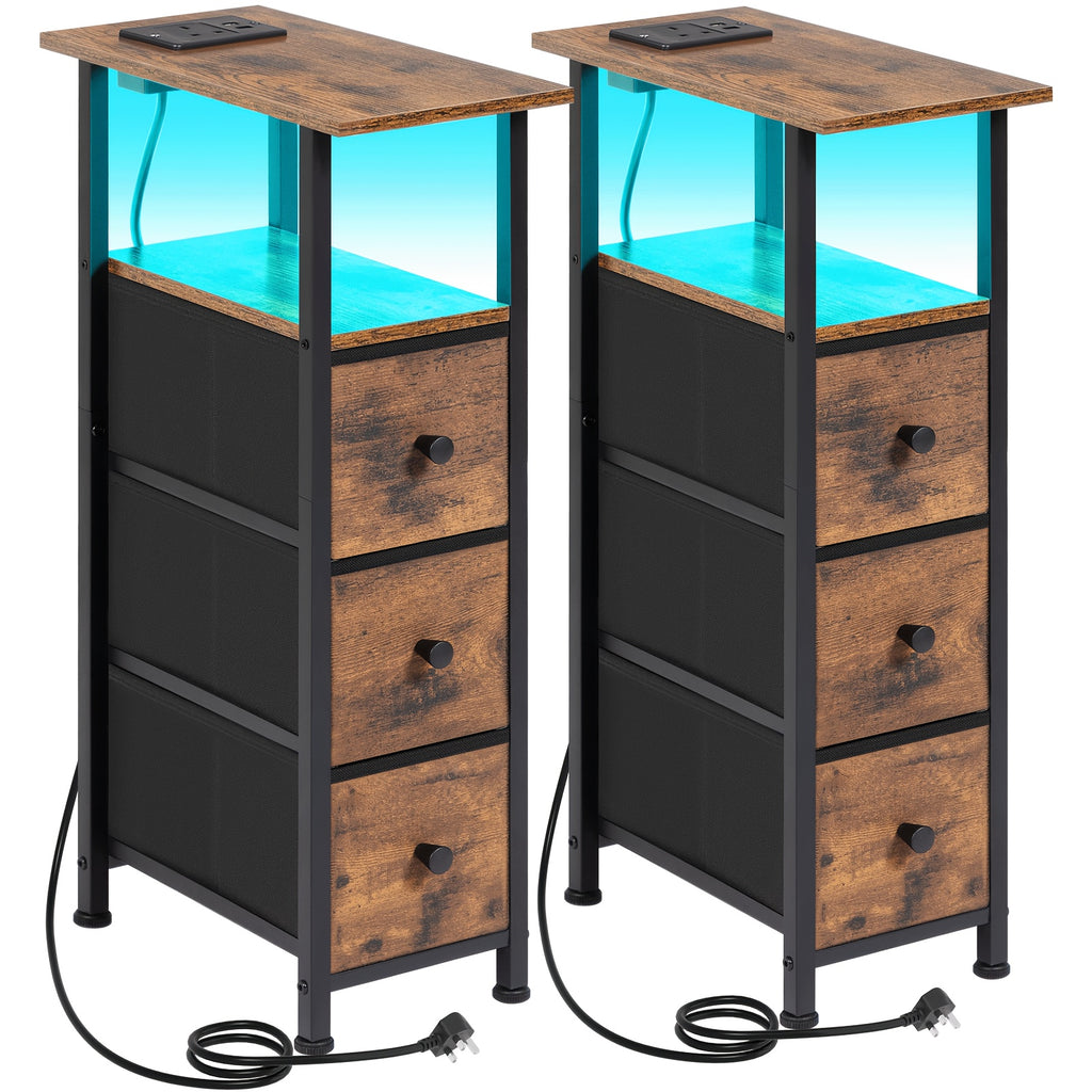 Bedside Table with Space-Saving, Metal, 2 Pack, Narrow Side Fabric Drawers, LED Light - Brown-2pcs option
