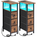 Bedside Table with Space-Saving, Metal, 2 Pack, Narrow Side Fabric Drawers, LED Light - Brown-2pcs option
