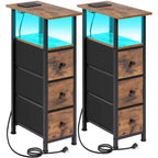 Bedside Table with Space-Saving, Metal, 2 Pack, Narrow Side Fabric Drawers, LED Light - Brown-2pcs option