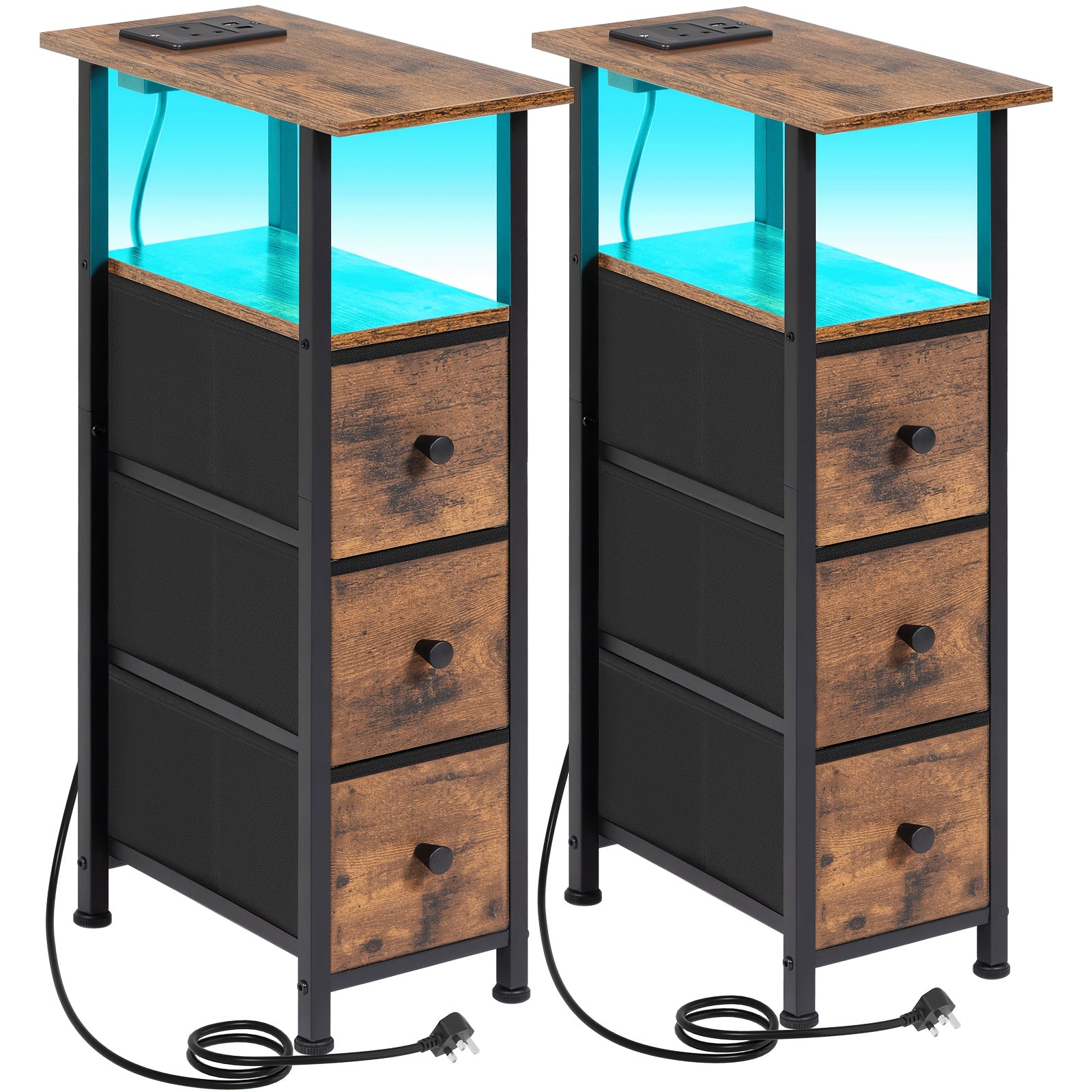 Bedside Table with Space-Saving, Metal, 2 Pack, Narrow Side Fabric Drawers, LED Light - Brown-2pcs option