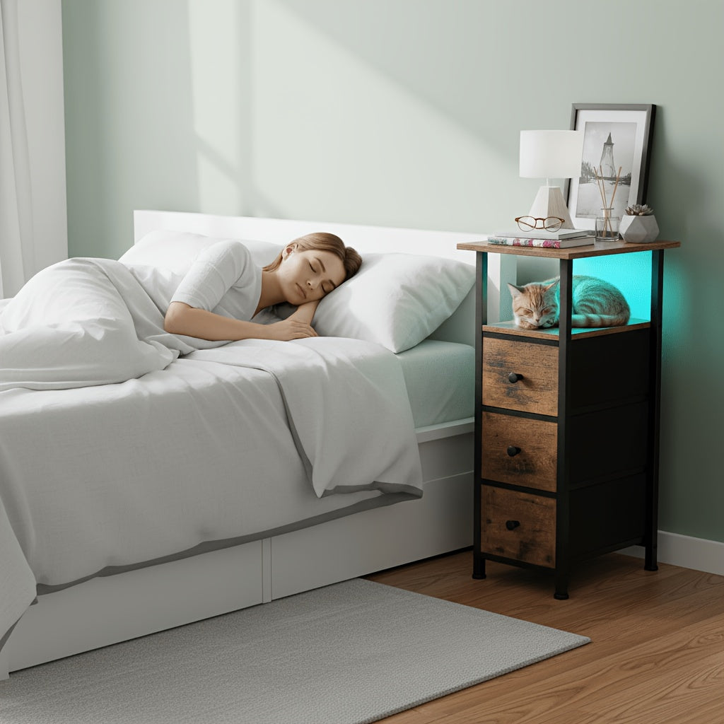 Bedside Table with Space-Saving, Metal, 2 Pack, Narrow Side Fabric Drawers, LED Light - product gallery image 2