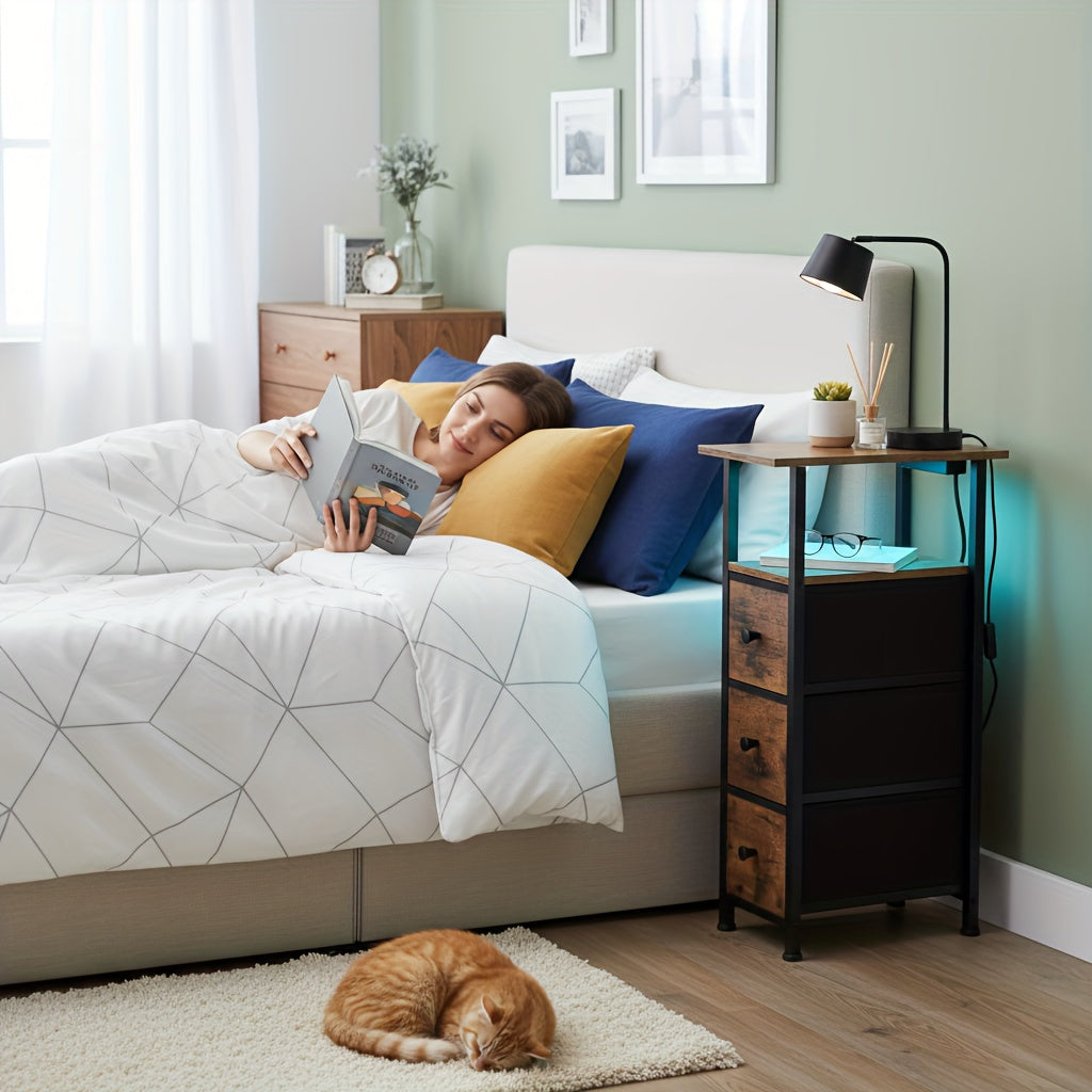 Bedside Table with Space-Saving, Metal, 2 Pack, Narrow Side Fabric Drawers, LED Light - product gallery image 4