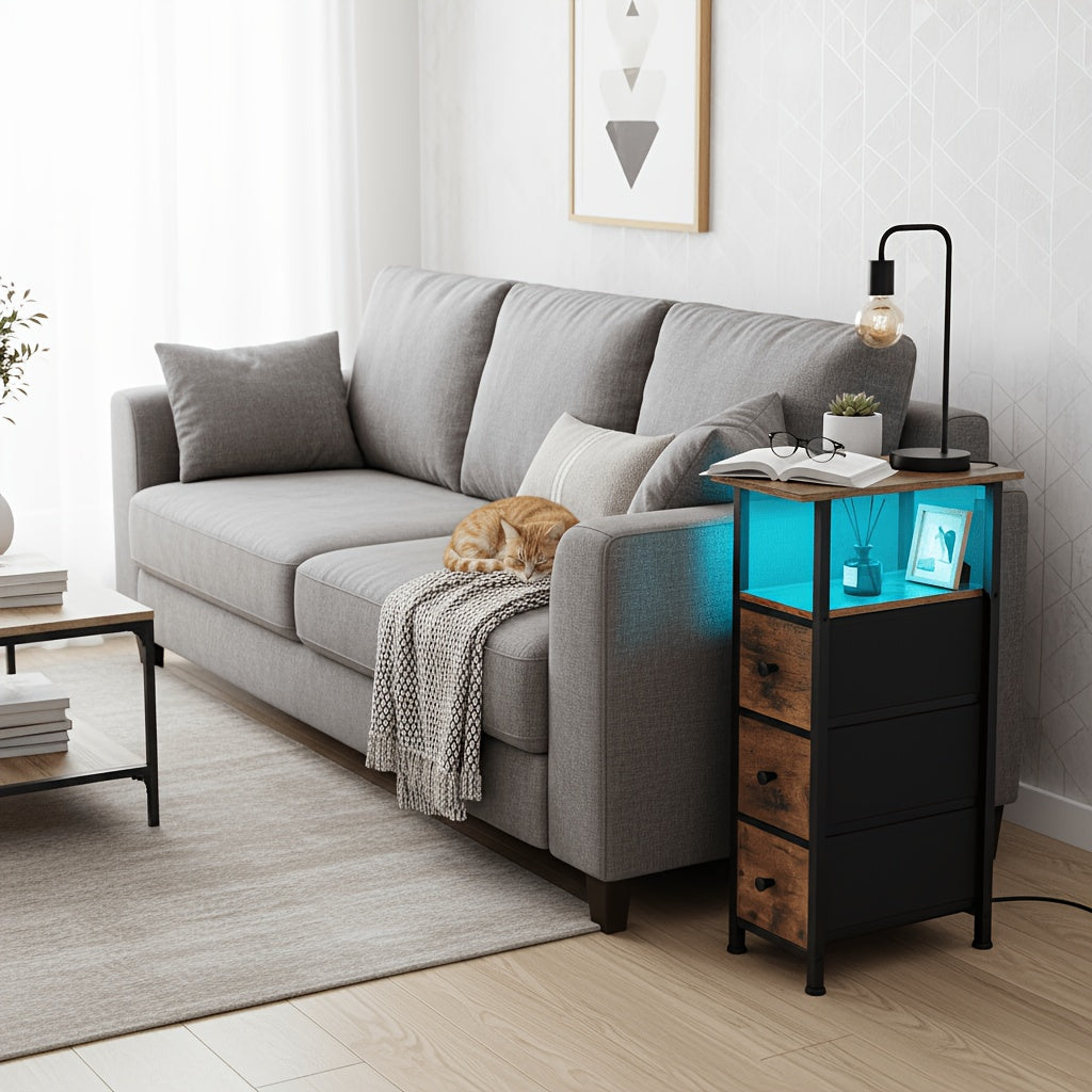 Bedside Table with Space-Saving, Metal, 2 Pack, Narrow Side Fabric Drawers, LED Light