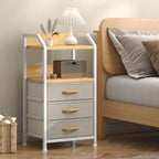 Bedside Table with Space-Saving, Metal, Fabric Drawers Shelves Industrial Rustic Wood