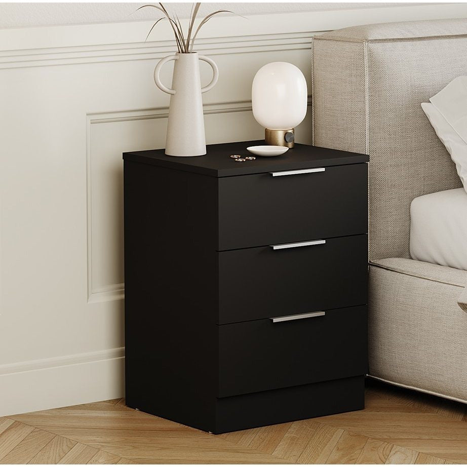 Bedside Table with Space-Saving, Metal, Modern 3-Drawer Nightstand Metal Handles - Black option