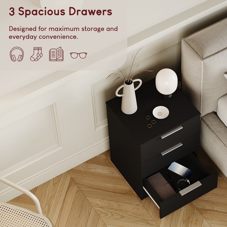 Bedside Table with Space-Saving, Metal, Modern 3-Drawer Nightstand Metal Handles - product gallery image 14