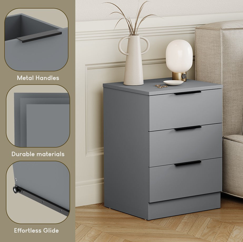 Bedside Table with Space-Saving, Metal, Modern 3-Drawer Nightstand Metal Handles - product gallery image 15