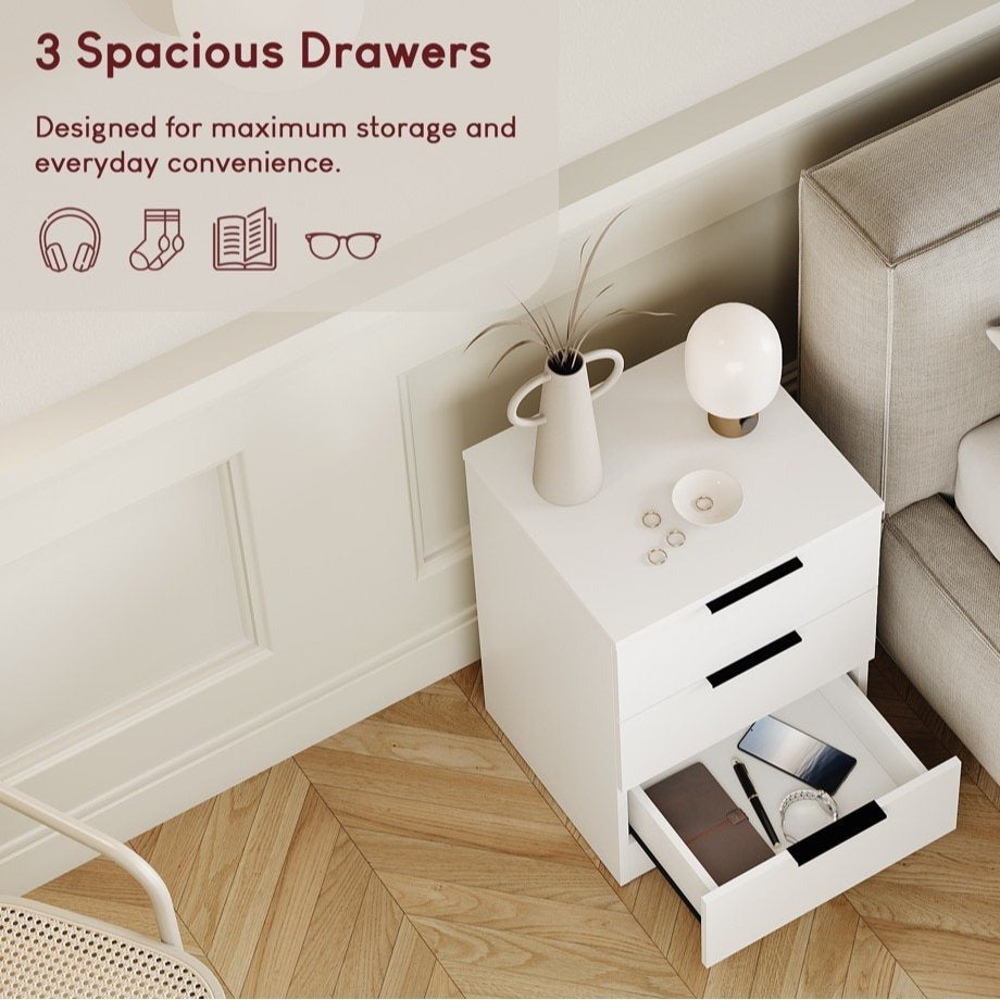 Bedside Table with Space-Saving, Metal, Modern 3-Drawer Nightstand Metal Handles - product gallery image 3