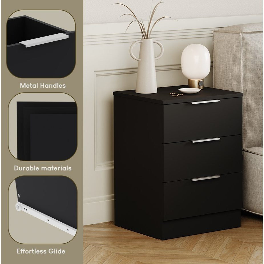 Bedside Table with Space-Saving, Metal, Modern 3-Drawer Nightstand Metal Handles - product gallery image 7