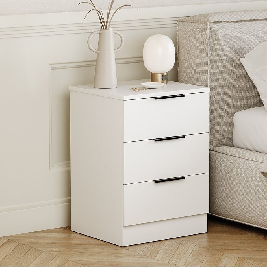 Bedside Table with Space-Saving, Metal, Modern 3-Drawer Nightstand Metal Handles