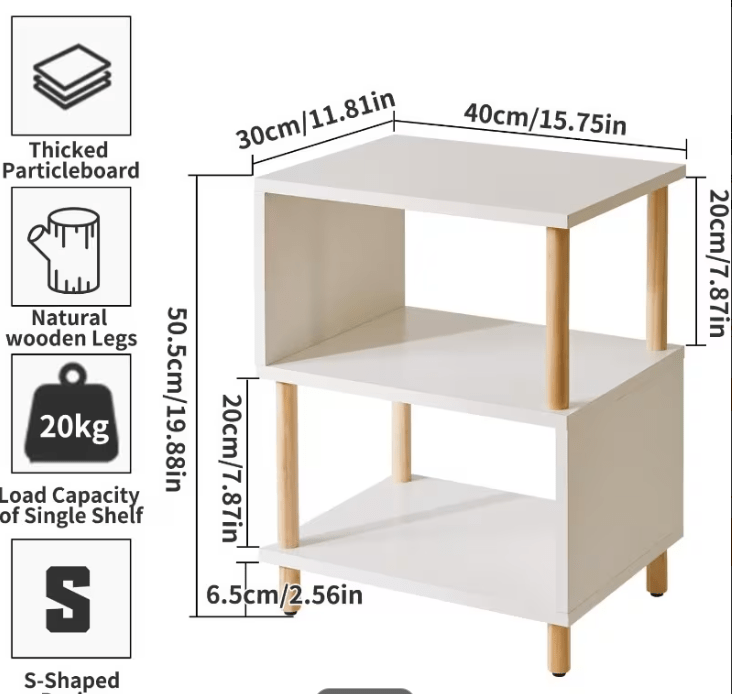 Bedside Table with Space-Saving, S-Shaped Side 3-Tier Open Shelf Modern - product gallery image 15