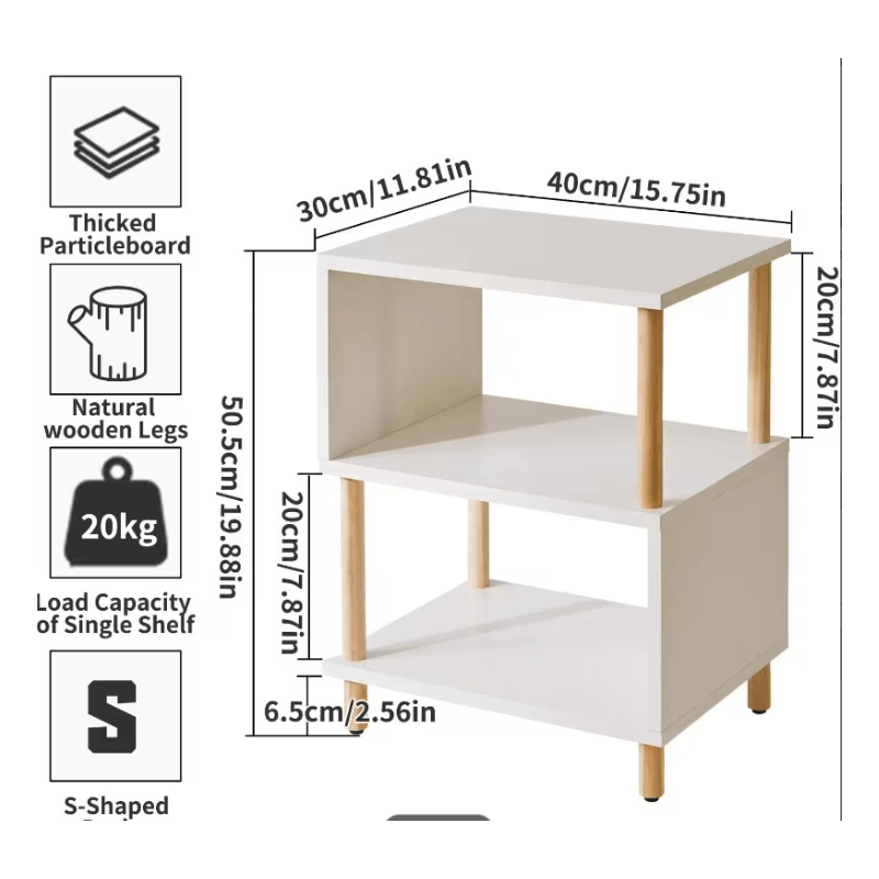 Bedside Table with Space-Saving, S-Shaped Side 3-Tier Open Shelf Modern - product gallery image 3