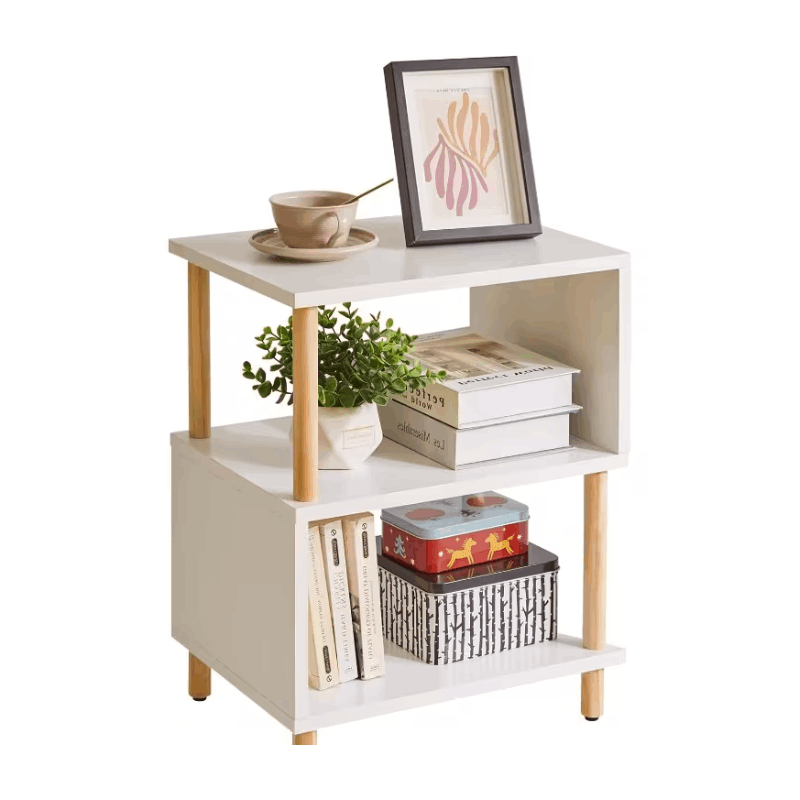 Bedside Table with Space-Saving, S-Shaped Side 3-Tier Open Shelf Modern