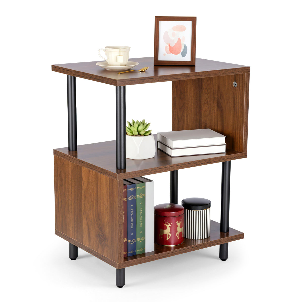 Bedside Table with Space-Saving, S-Shaped Side 3-Tier Open Shelf Modern - Walnut color option