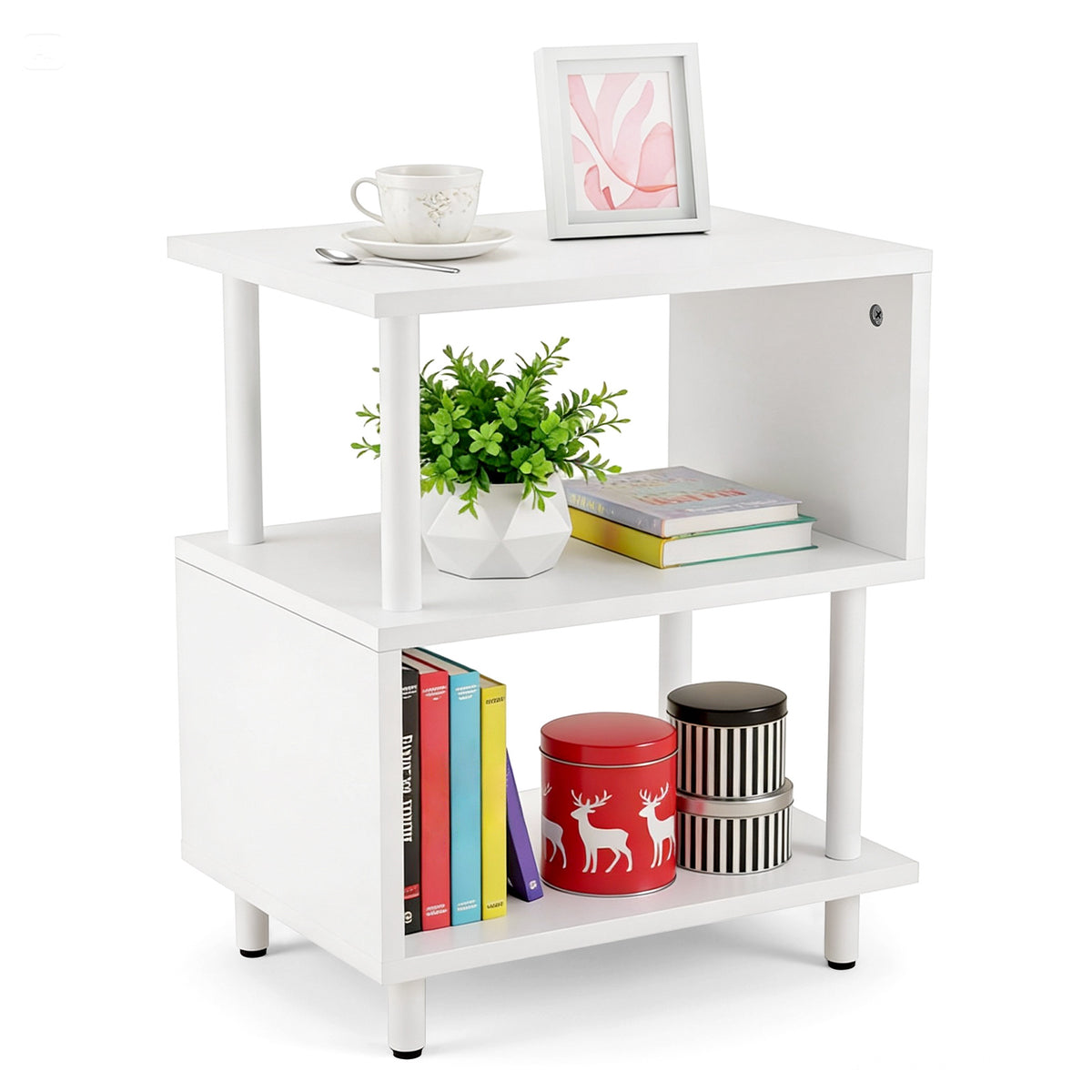 Bedside Table with Space-Saving, S-Shaped Side 3-Tier Open Shelf Modern - White, white legs option