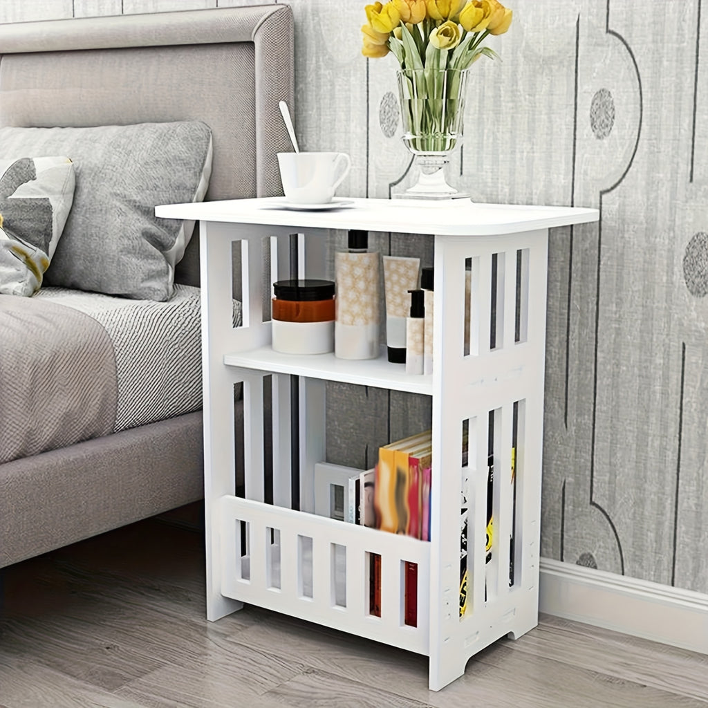 Bedside Table with Space-Saving, Wood, 3-Tier White Side Wooden Nightstand Compact