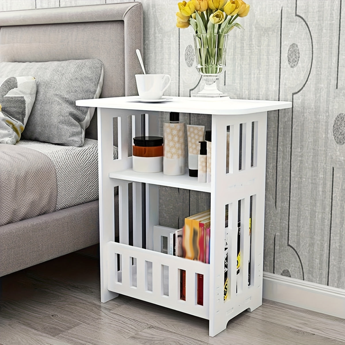 Bedside Table with Space-Saving, Wood, 3-Tier White Side Wooden Nightstand Compact