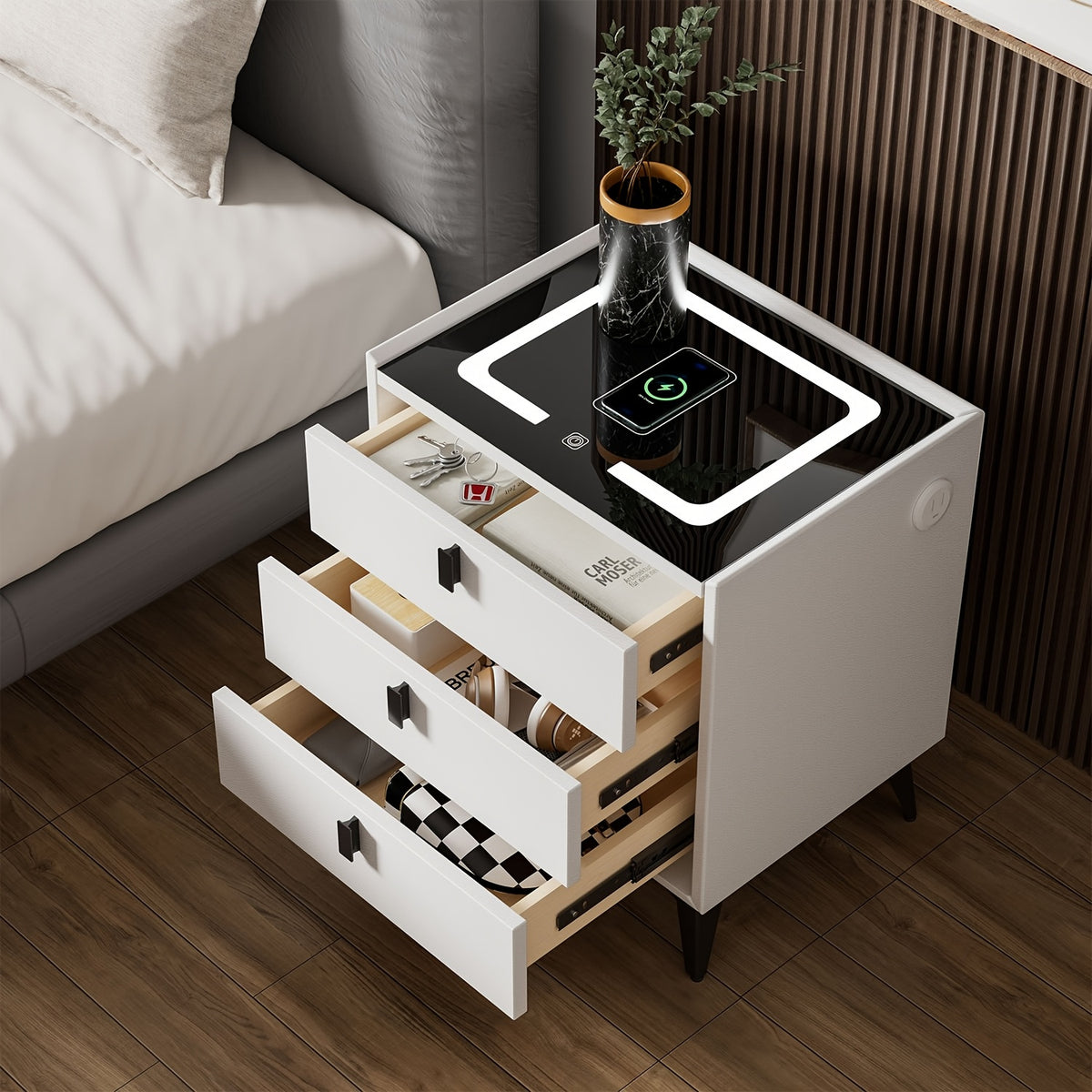 Bedside Table with Wood, LED Drawers, Nightstand Side Bedroom, Pine - Black and White - 3 Drawers option