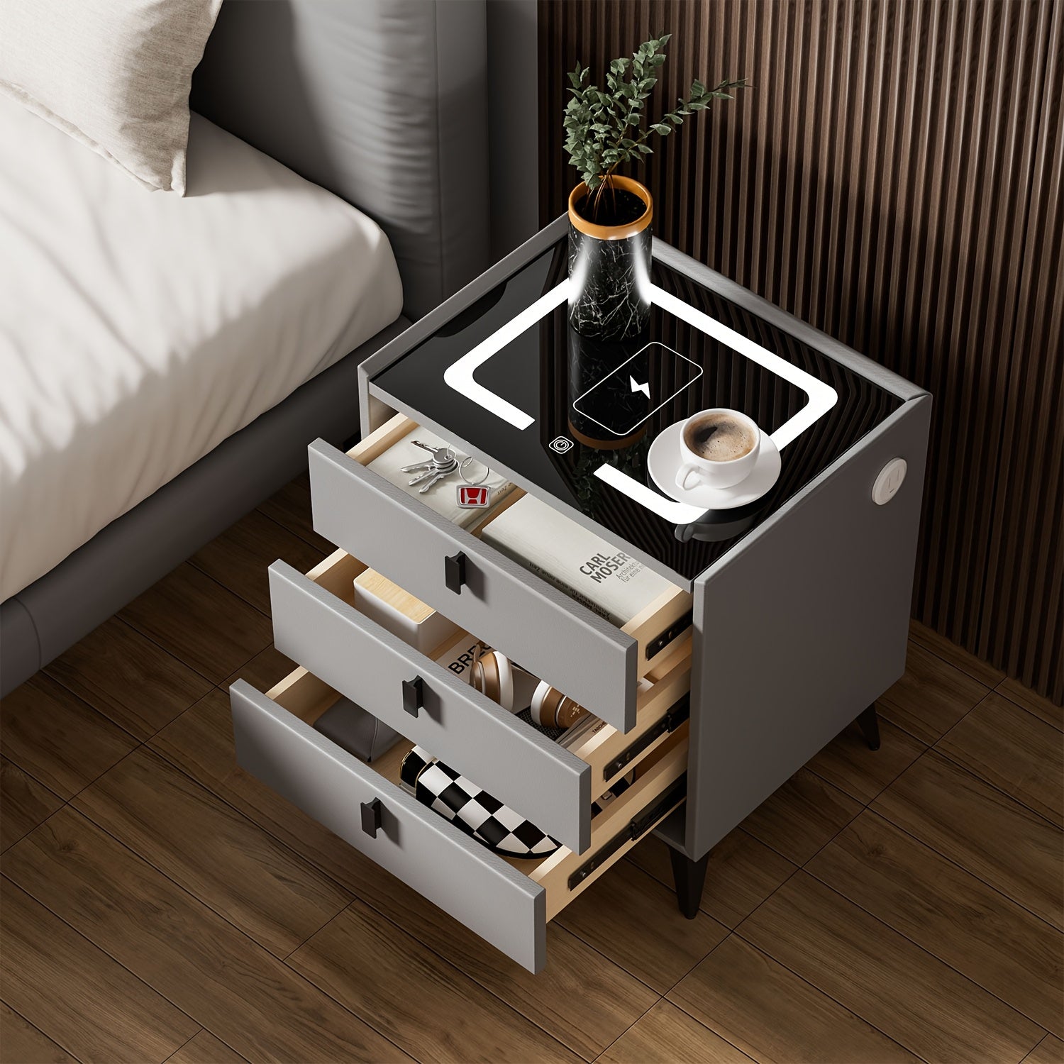 Bedside Table with Wood, LED Drawers, Nightstand Side Bedroom, Pine - Black Gray - 3 Drawers option