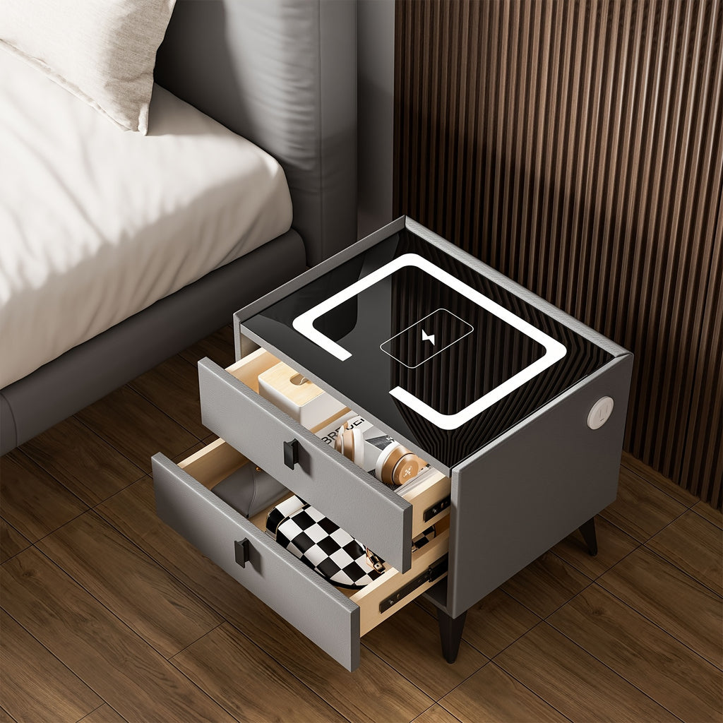Bedside Table with Wood, LED Drawers, Nightstand Side Bedroom, Pine