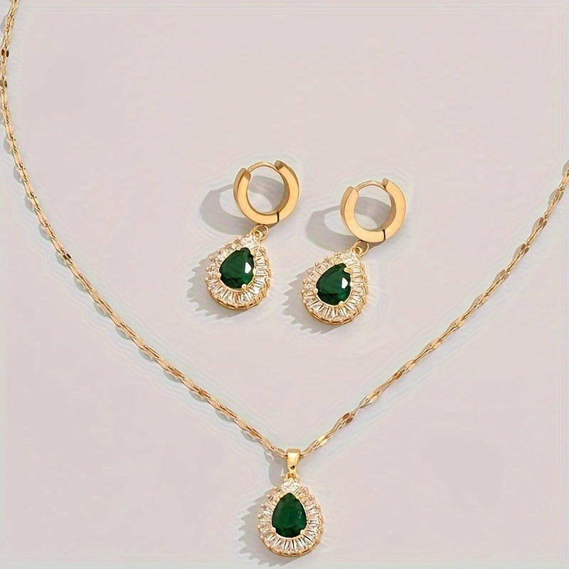 3 pcs/set, boho & elegant style, golden drop shape design pendant, deep inlay green faux diamond necklace & studs, fashion delicate accessory for daily wear & party, gift idea for ladies