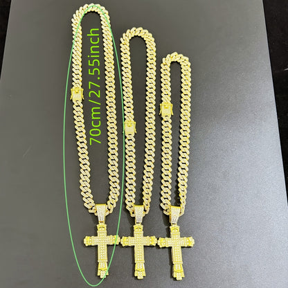 Hip-Hop Plus Size Large Pendant Full Rhinestones Double Layer Thickened Cross Hollow Buckle 14mm Wide Cuban Chain Necklace New Product Creative