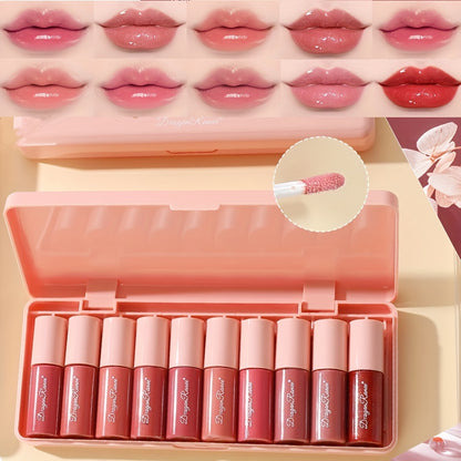 10-Color Set of Pearlescent Lip Gloss with Fine Shimmer, Long-Lasting Waterproof Lipstick That Doesn'T Easily Fade, Smudge-Proof Lip Liquid, And a Mirror-End Lipstick Set