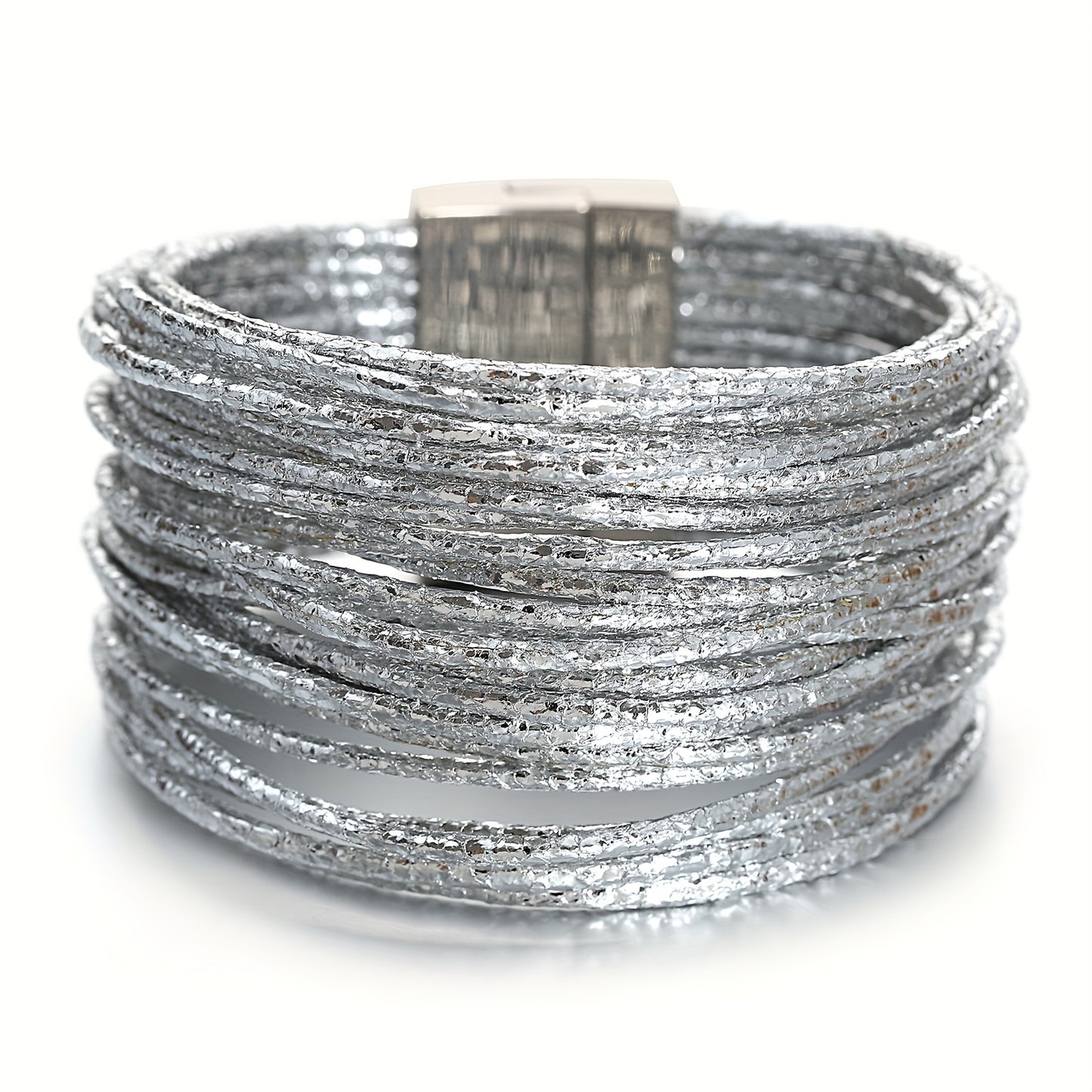 1pc Slim Stripes Wide Multilayer Wrap Bracelet Metallic Shiny Glitter Artificial Leather Cuff with Magnetic Clasp Jewelry for Men Women Holiday Party Birthday Gifts