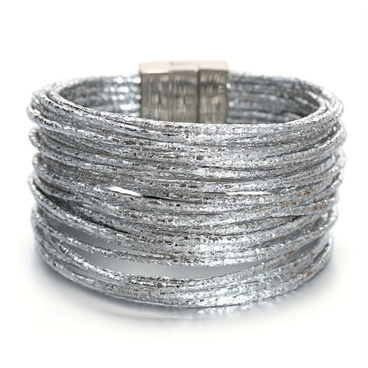 1pc Slim Stripes Wide Multilayer Wrap Bracelet Metallic Shiny Glitter Artificial Leather Cuff with Magnetic Clasp Jewelry for Men Women Holiday Party Birthday Gifts