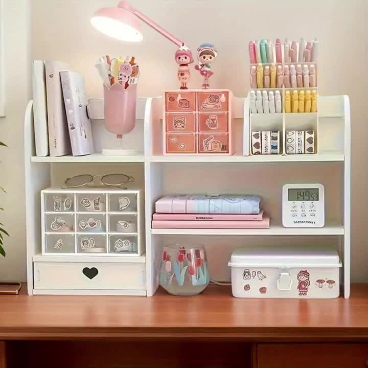 Multi-Layer Elevated Desktop Shelf, Rectangular Fiberboard Storage Organizer, Painted Finish, Cosmetic and Accessory Holder for Dressing Table and Desk